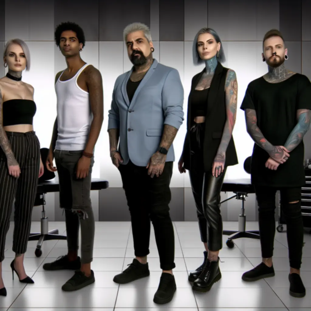 Groepsportret van de vaste tattoo-artiesten van Ink Distriict in de studio