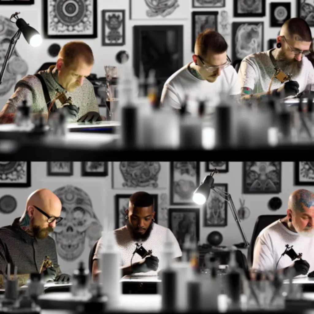 Collage van verschillende Ink Distriict tattoo-stijlen en artiestenportretten.