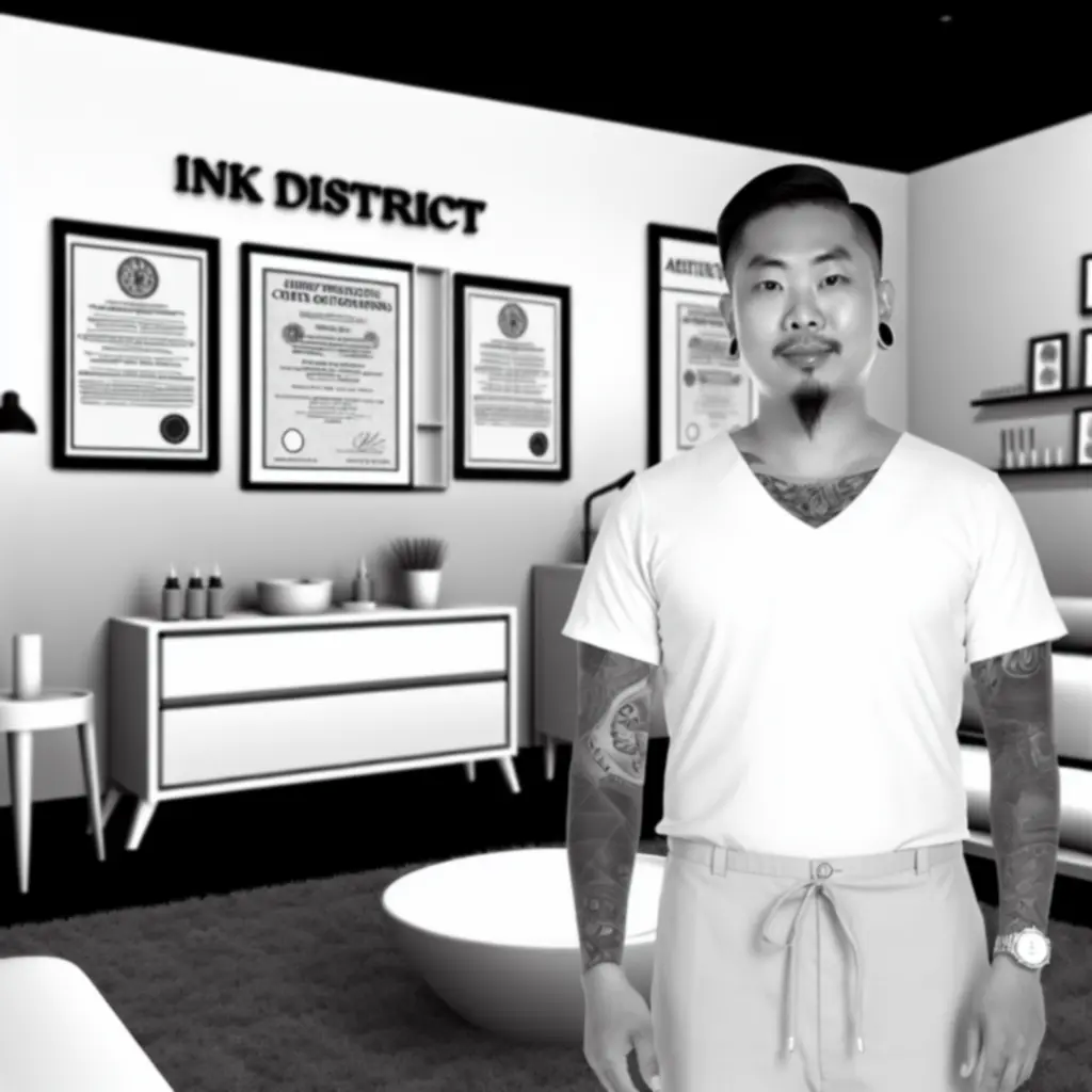 Portret van een professionele tattoo artiest van Ink Distriict in een moderne studio.