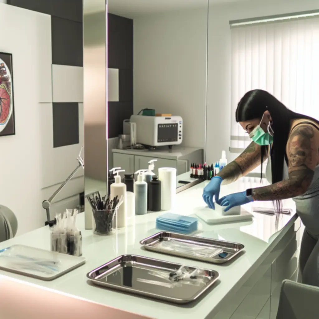 Tattoo-artiest van Ink Distriict met handschoenen en beschermende kleding die een werkplek voorbereidt