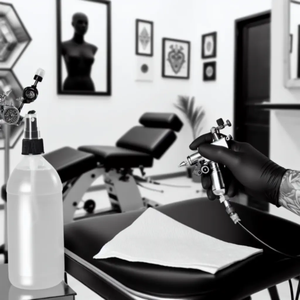 Detail van het zorgvuldig reinigen en desinfecteren van tatoeageapparatuur bij Ink Distriict