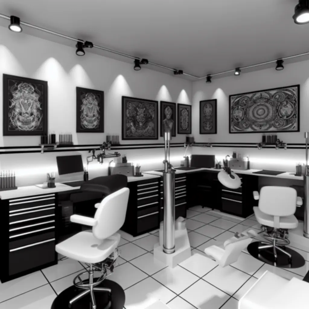 Interieur van de Ink Distriict tattoostudio met modern monochroom design en werkstations.