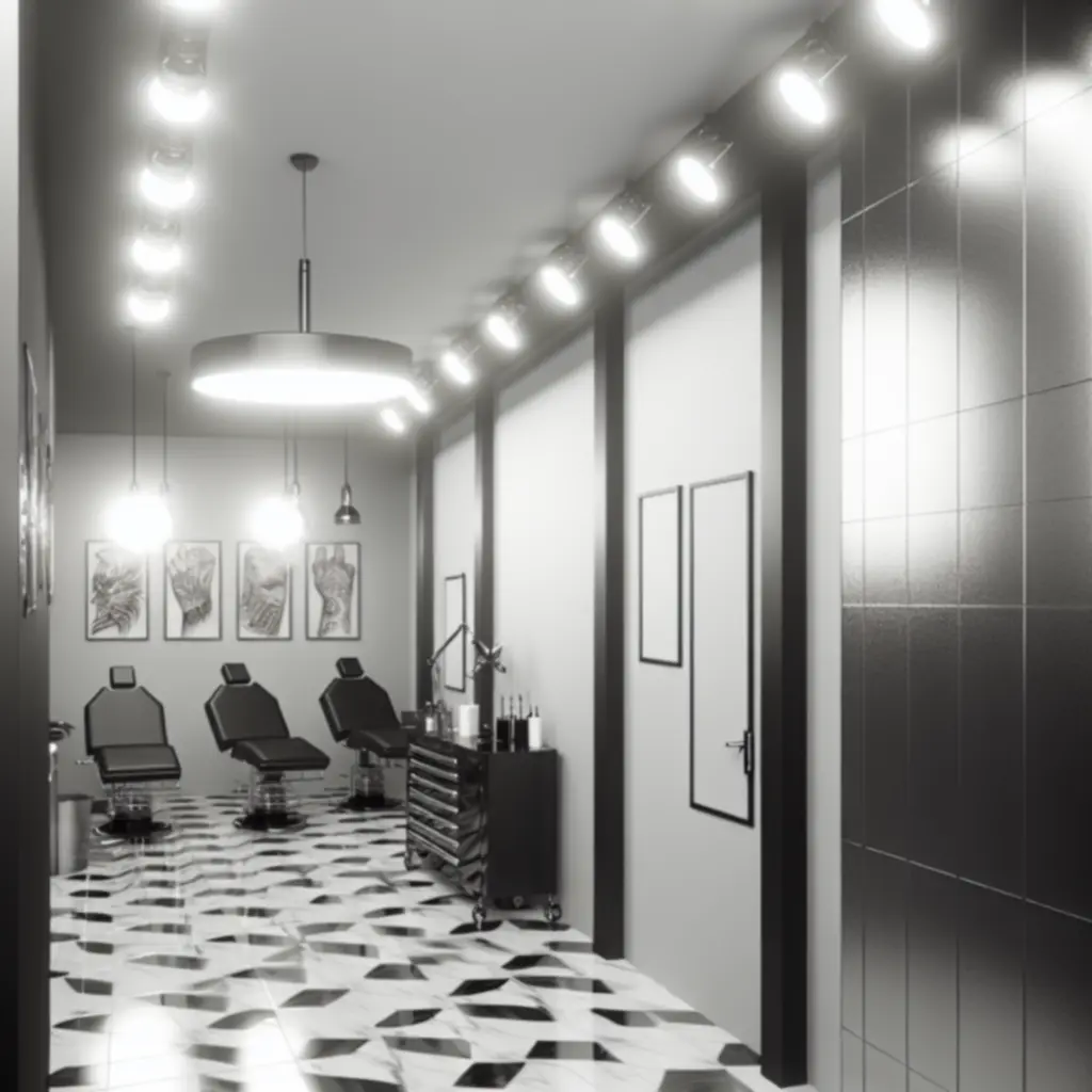 Ink Distriict studio met moderne, monochrome inrichting en tattoo-stations in actie.