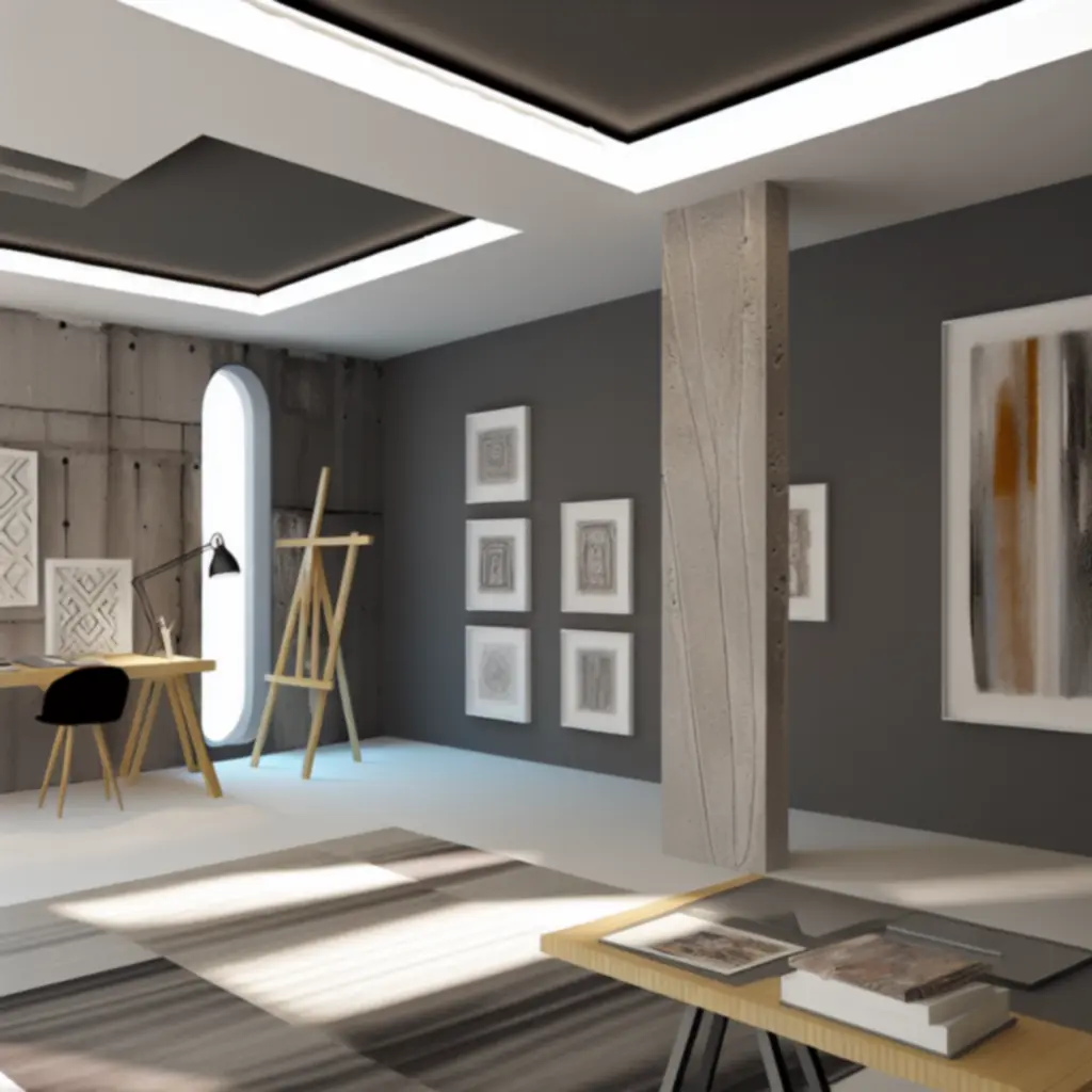 Atmosferische hoek van de Ink Distriict studio met monochroom design en subtiele metallic accenten.