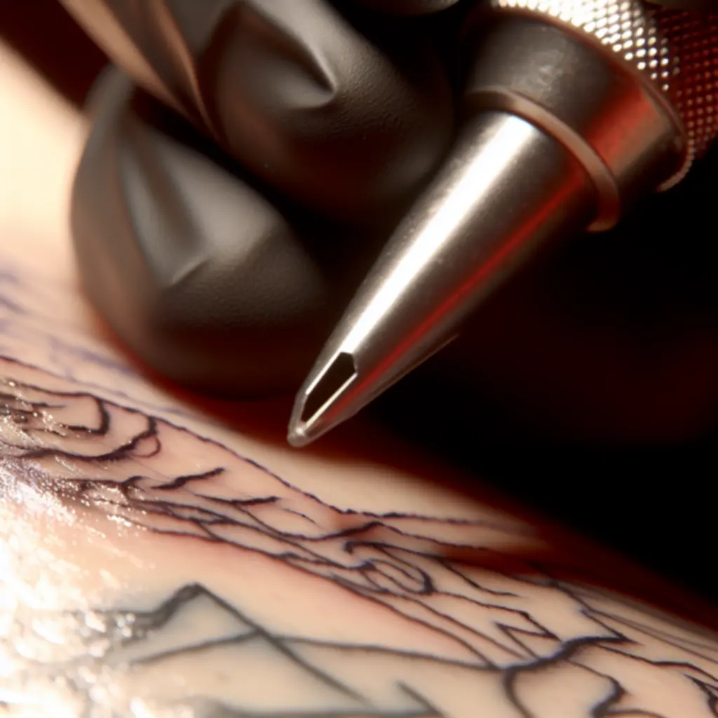 Detail van een fine line tattoo met strakke, verfijnde lijnen