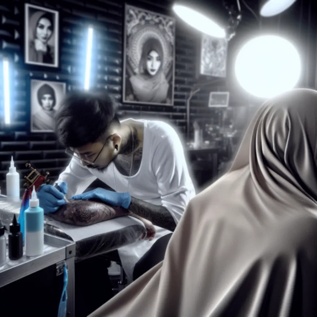 Tattoo artiest die in een moderne, donkere studio een tattoo zet bij een klant